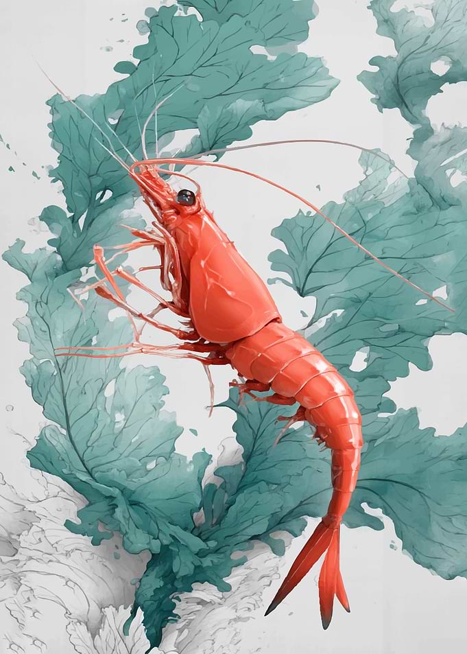 Red Shrimp Amidst Teal Seaweed