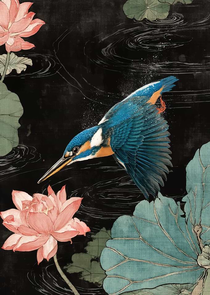 Kingfisher Diving into Lotus Pond