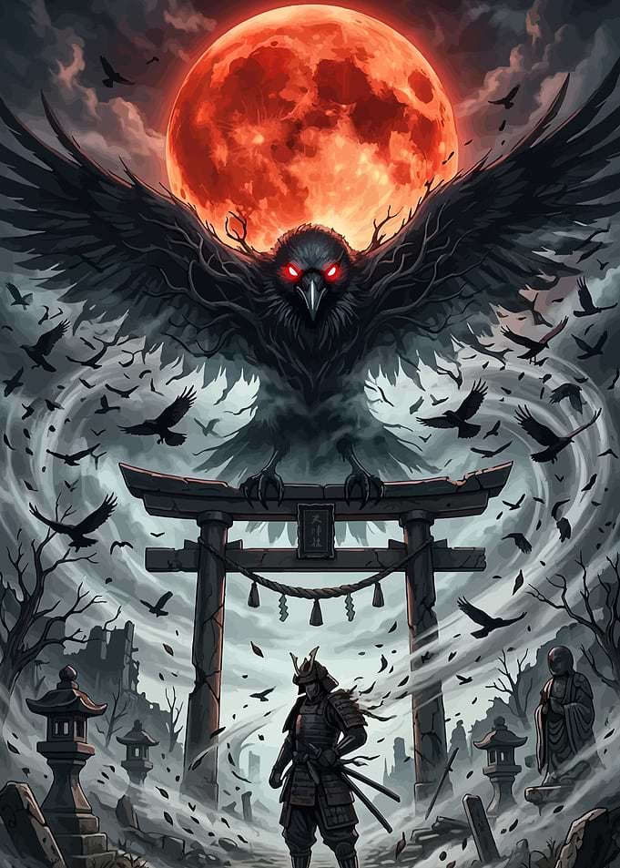 Samurai Under a Blood Moon with Giant Crow