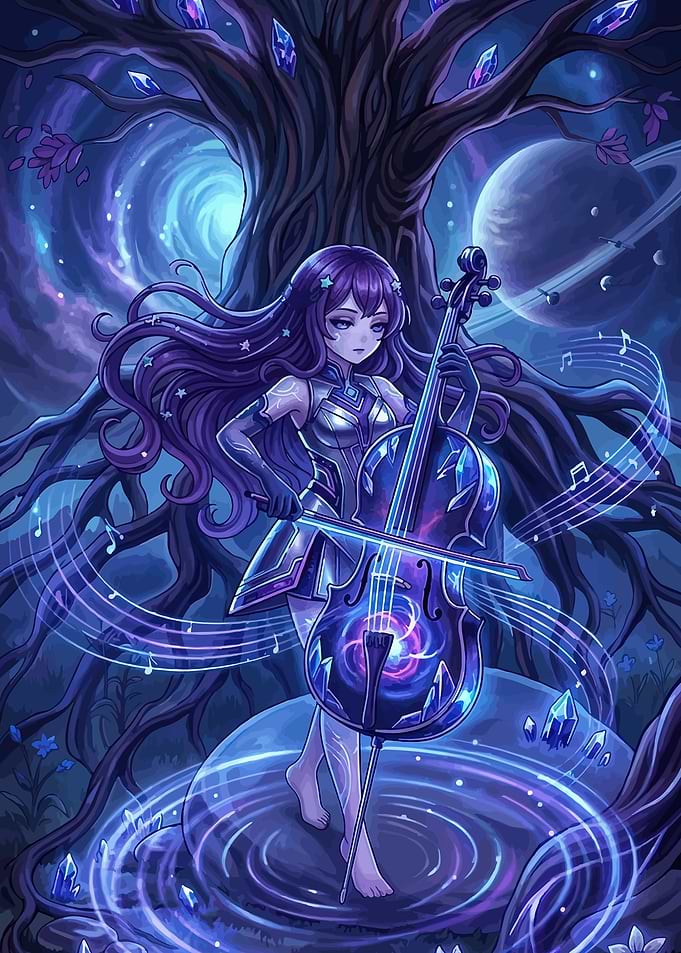 Cosmic Cellist Playing Music