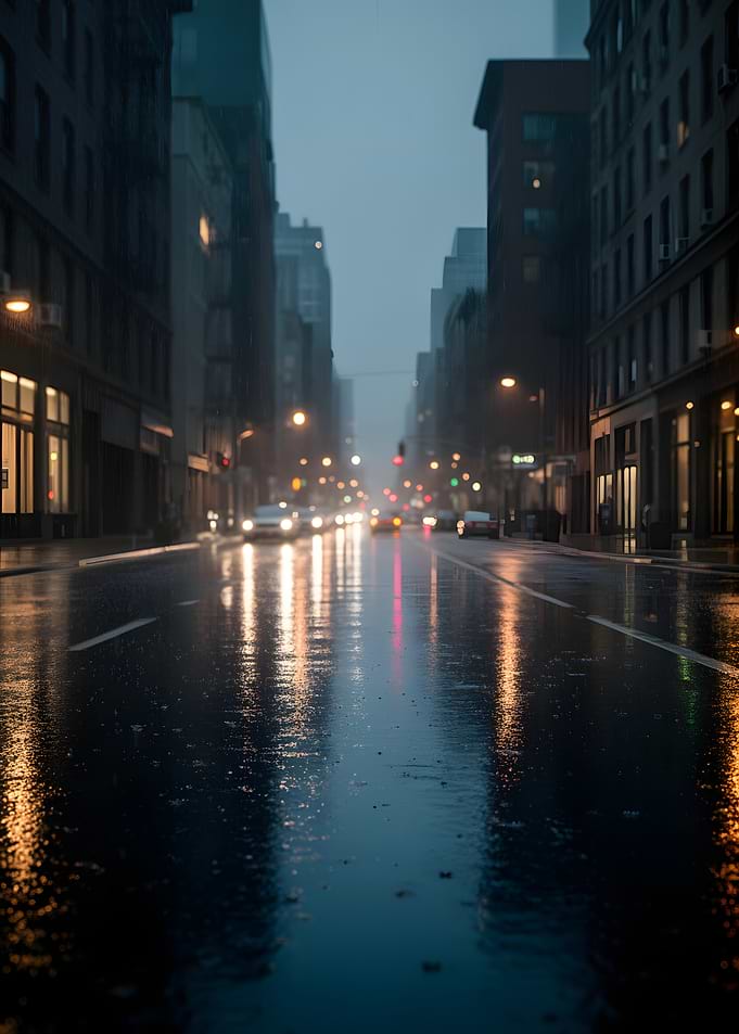 Rainy City Street at Night