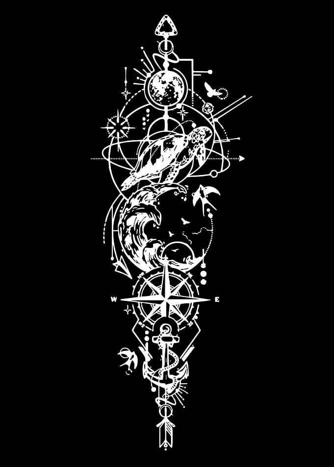 Geometric Sea Turtle and Compass Tattoo Design