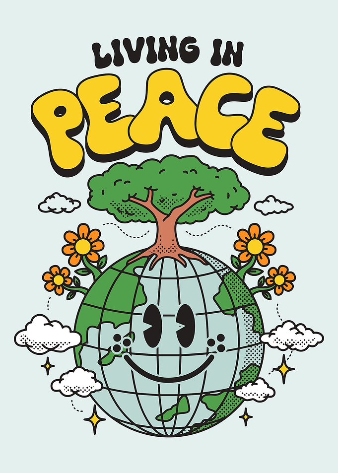 Living in Peace Poster, Cute Earth Illustration Wall Art, Retro Positive Vibes Print