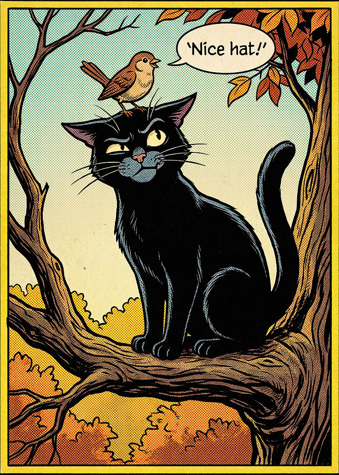 Cat and Bird in Autumn Tree