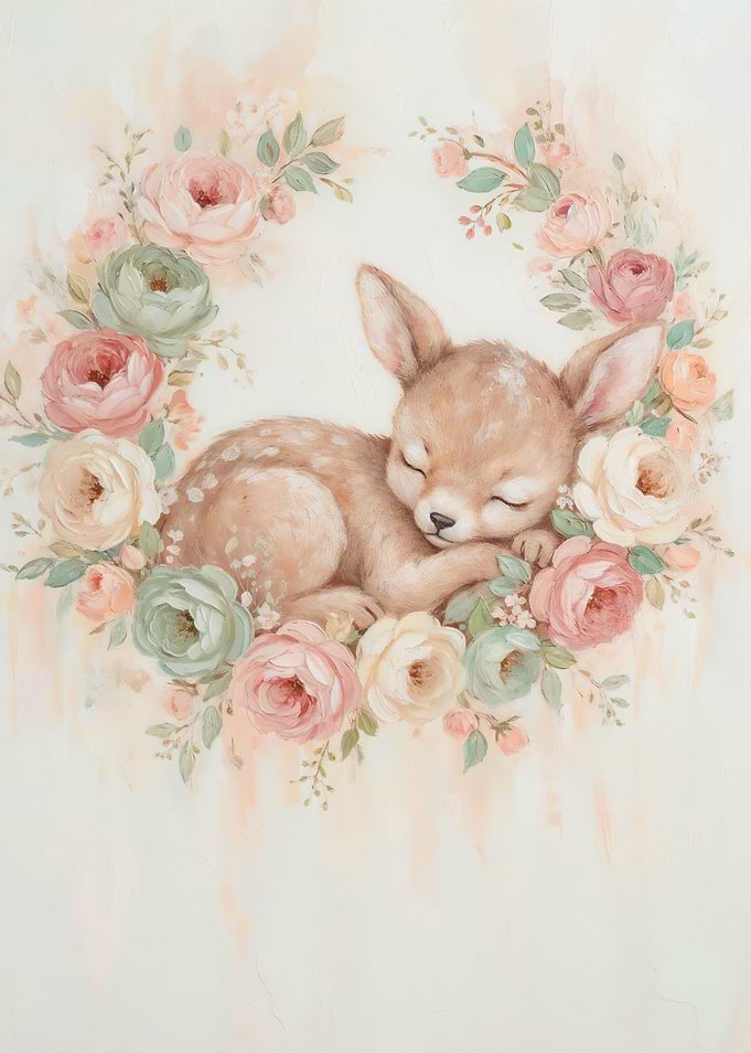 Sleeping Fawn Surrounded by Flowers