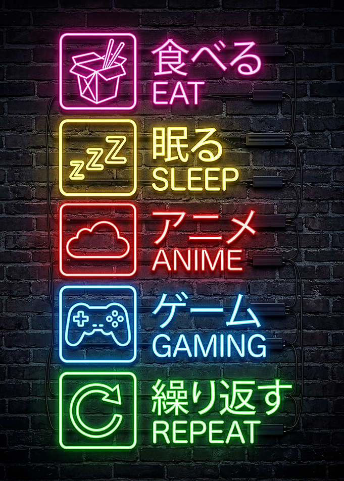 Neon Japanese Text and Icons