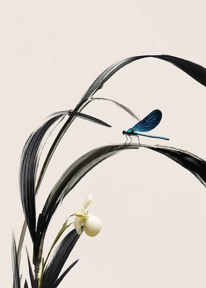 Dragonfly on a Leaf with Orchid