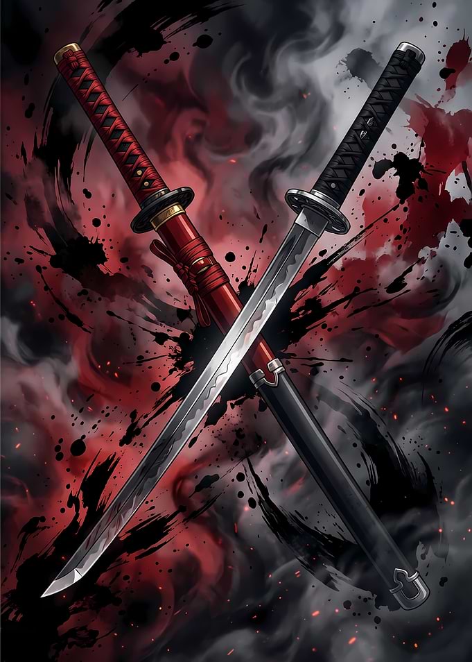 Crossed Katana Swords with Red and Black Smoke