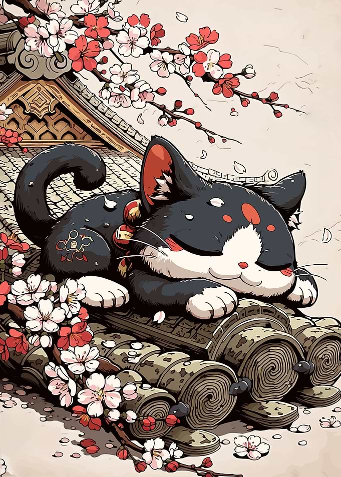 Cute Cat Sleeping Among Cherry Blossoms