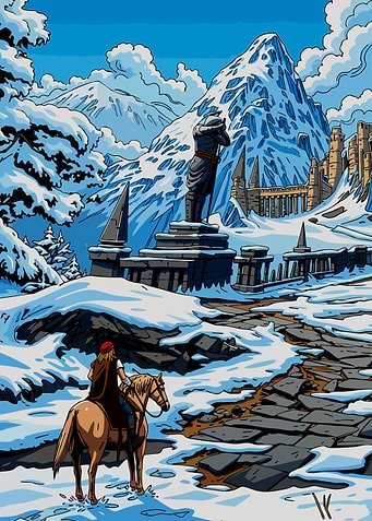 Rider approaches snowy mountain fortress