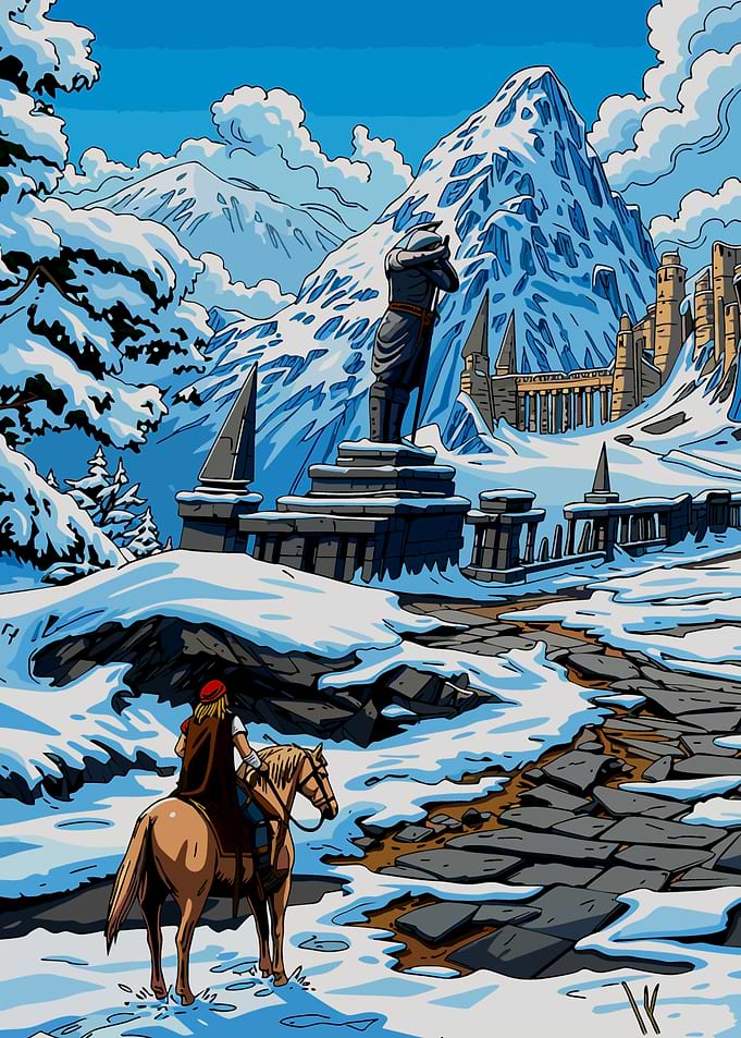 Rider approaches snowy mountain fortress