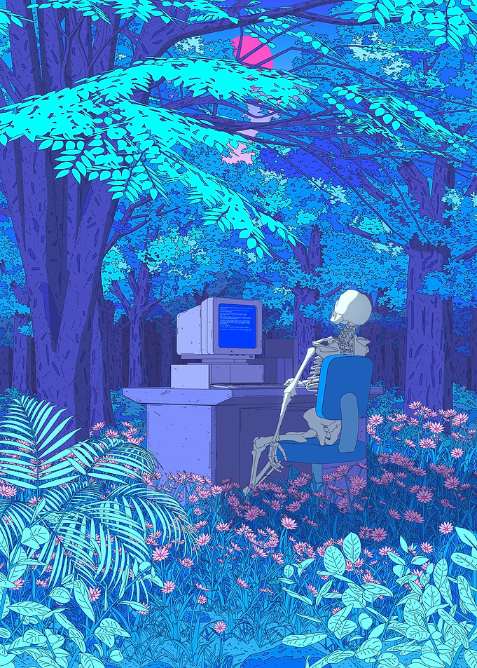 Skeleton at Computer in Forest