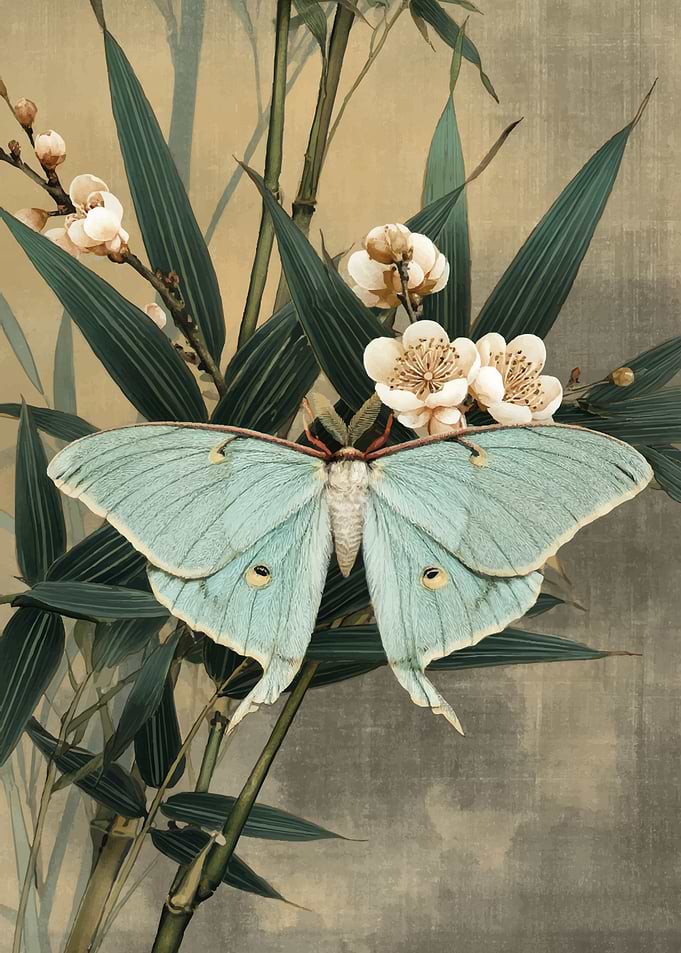 Luna Moth on Bamboo and Blossoms