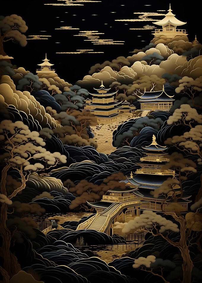 Golden Pagodas in a Misty Mountain Landscape