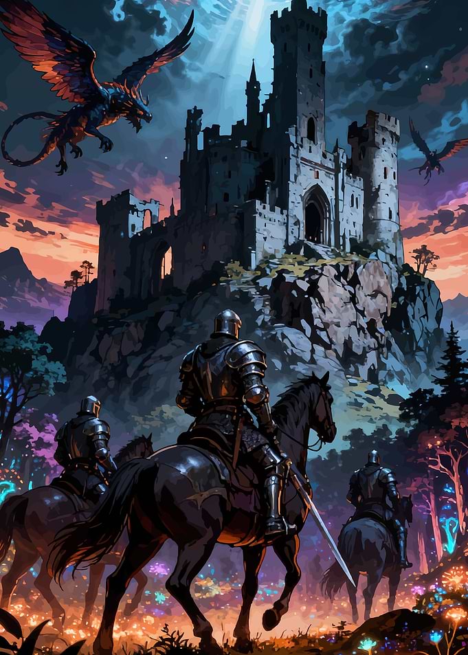 Knights Approaching a Castle with Dragons
