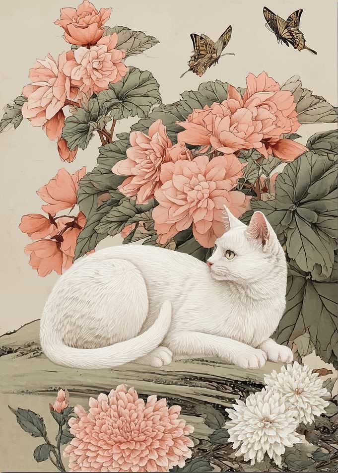 White Cat with Flowers and Butterflies