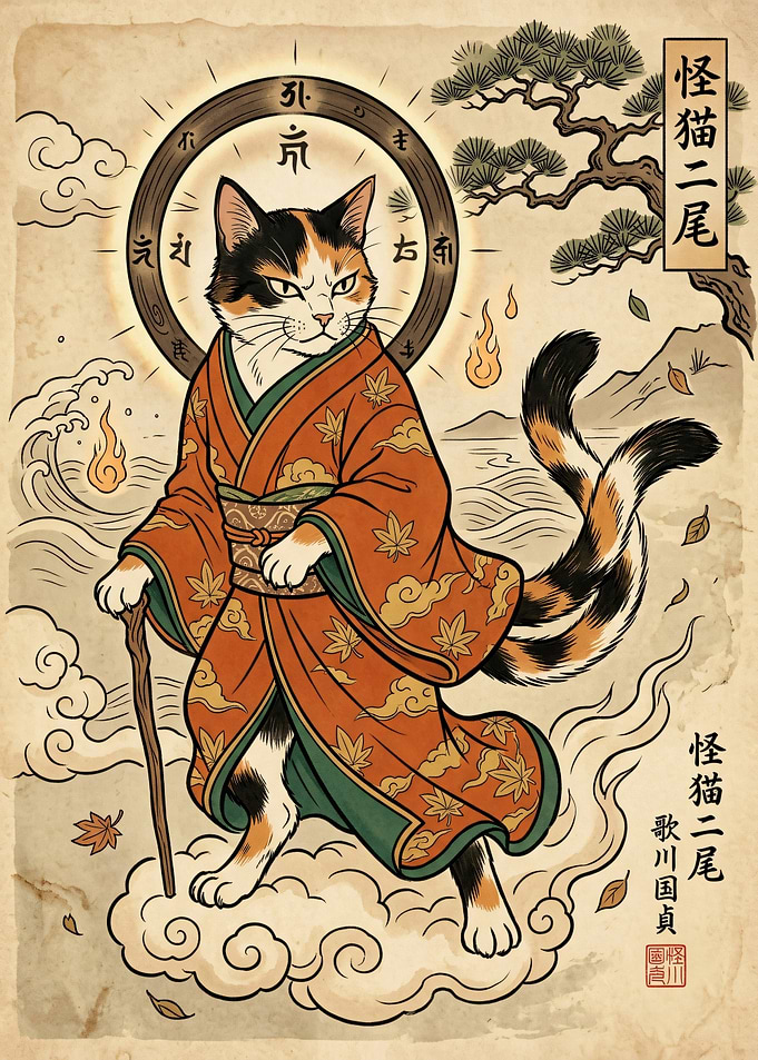 Japanese Cat Spirit in Kimono