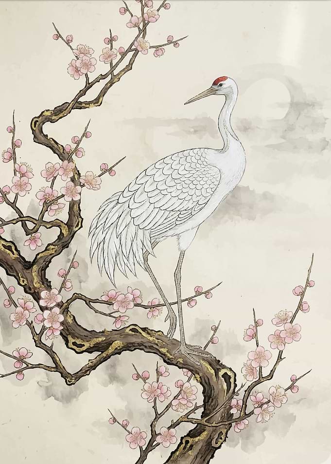 Crane on a Cherry Blossom Branch