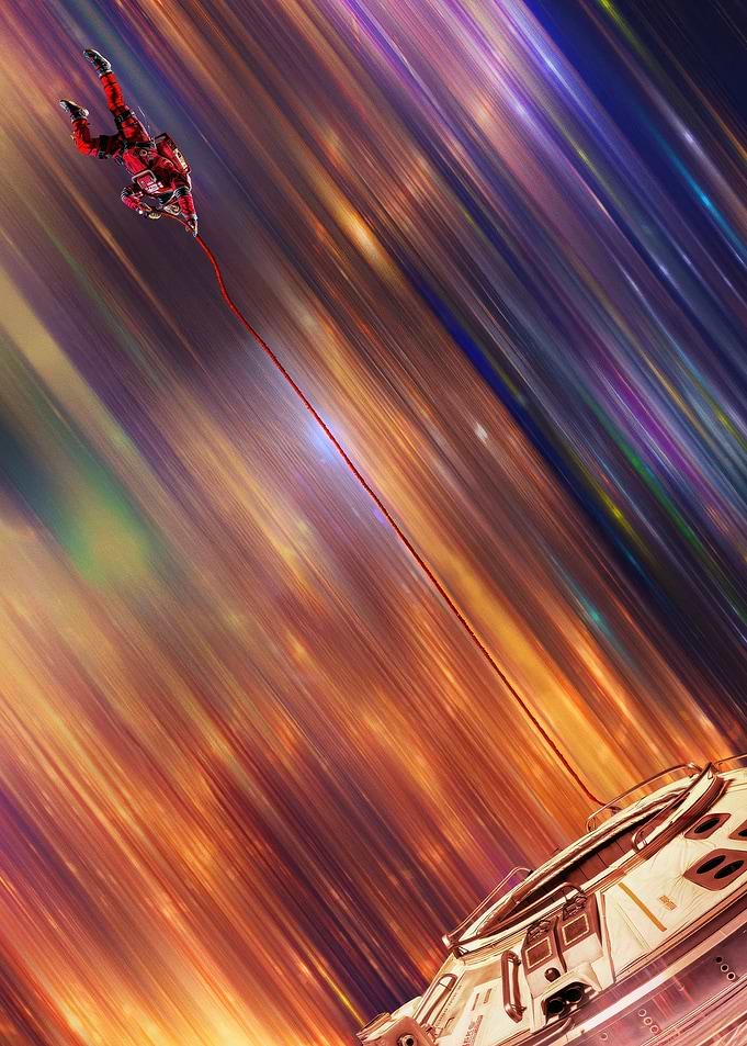 Astronaut tethered in abstract space
