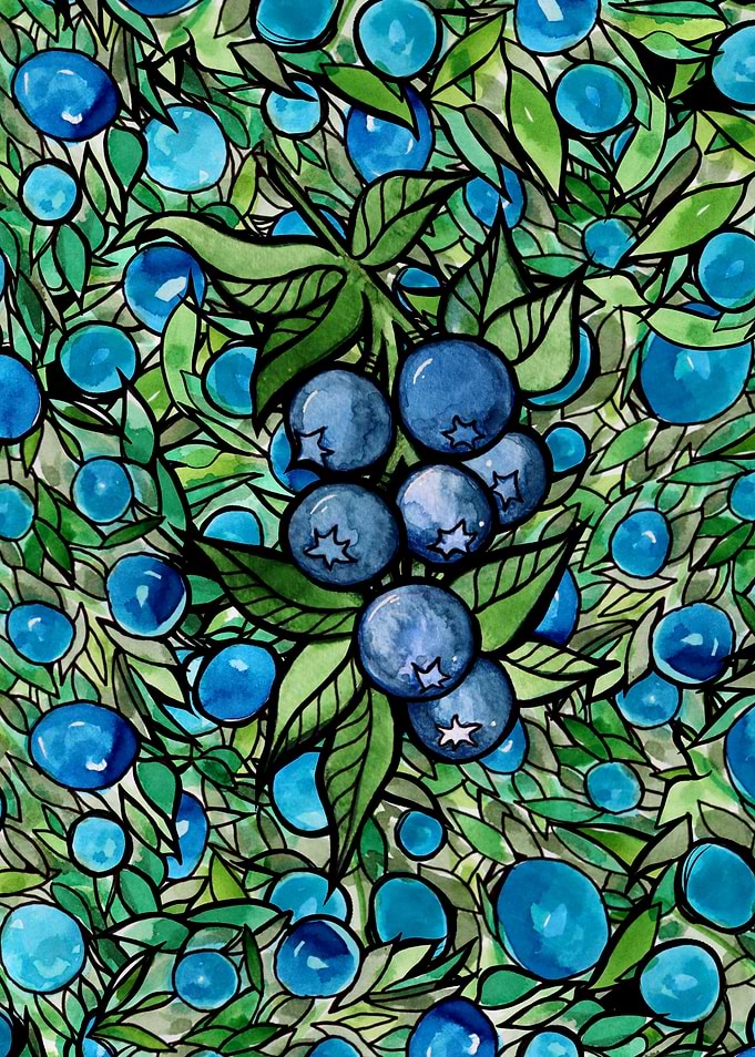 Watercolor Blueberries and Leaves Pattern