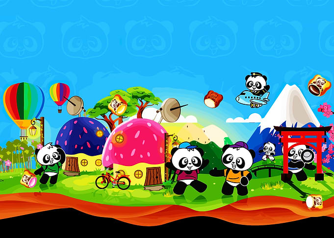 Cute Pandas in a Whimsical Landscape