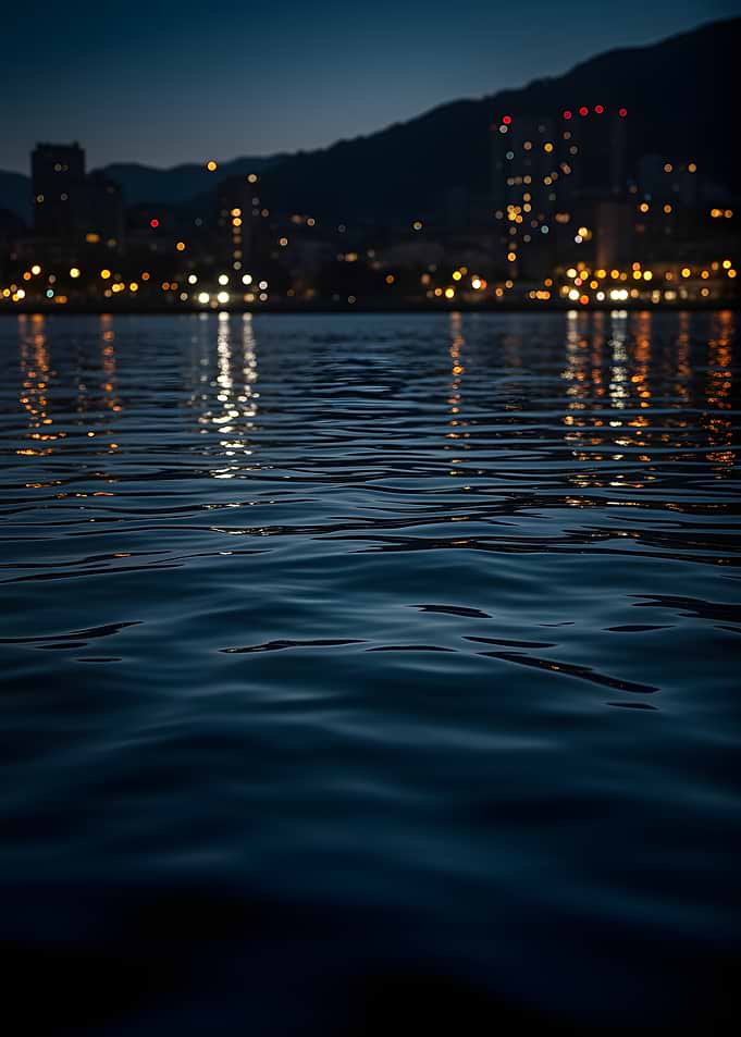 City Lights Reflected on Water at Night