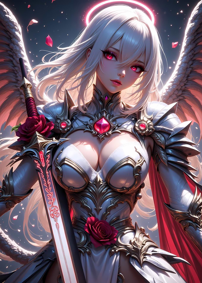 Anime Angel Warrior with Sword and Roses