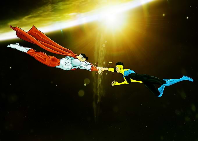 Invincible and Omni-Man Fist Bump in Space