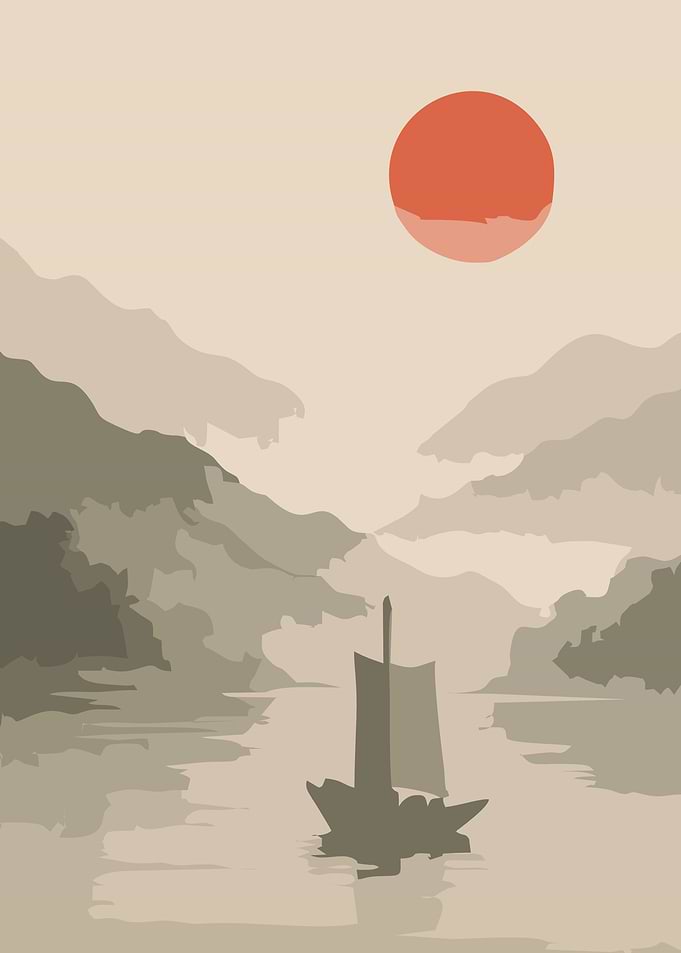Serene Mountain Riverboat at Sunset 11 Wooden Boat