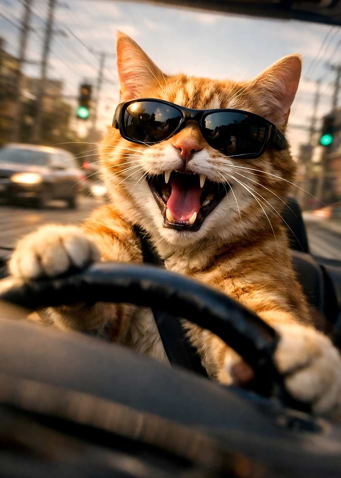Cat driving a car with sunglasses