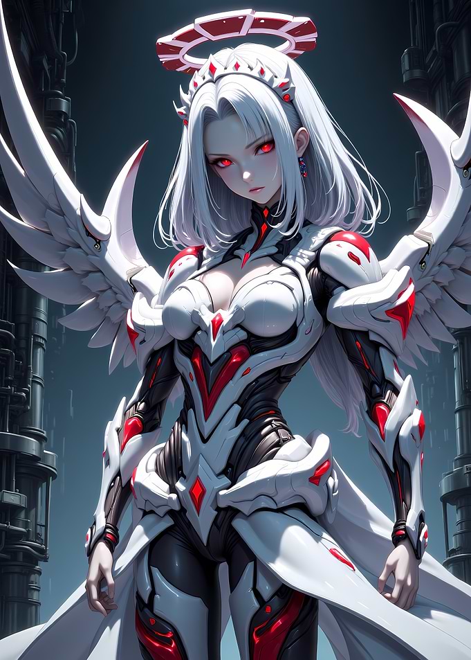 Anime Angel Warrior in White and Red Armor