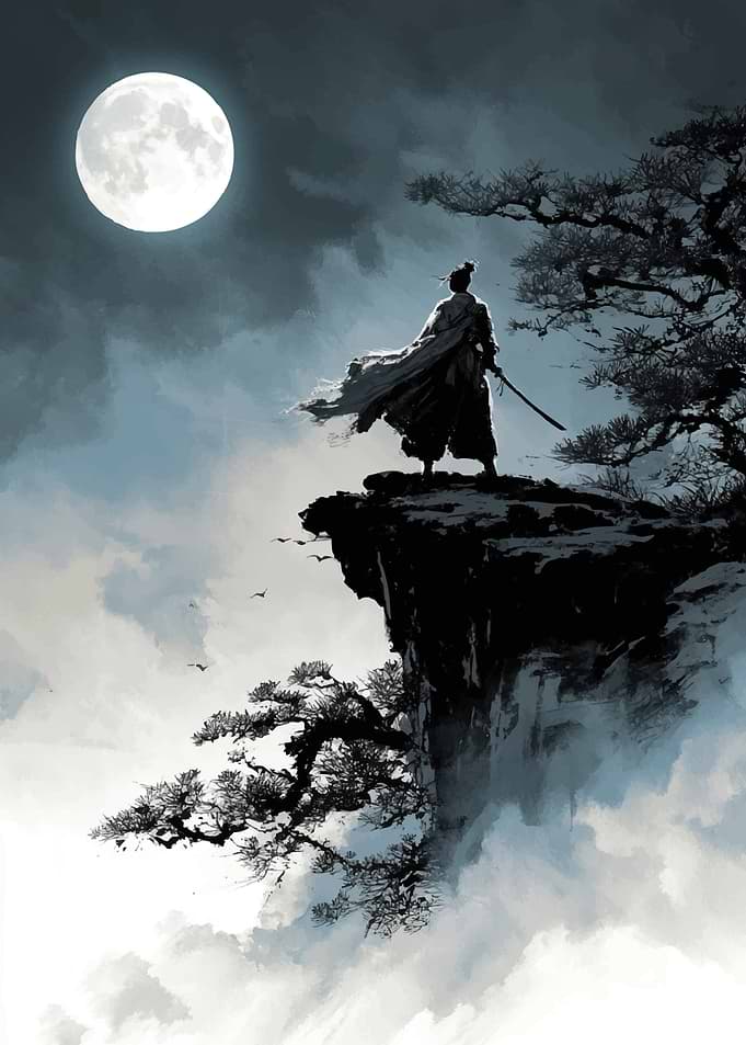 Samurai on Cliff Under Full Moon