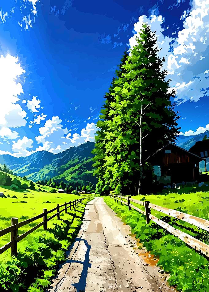 Anime Landscape with Dirt Road and Mountains