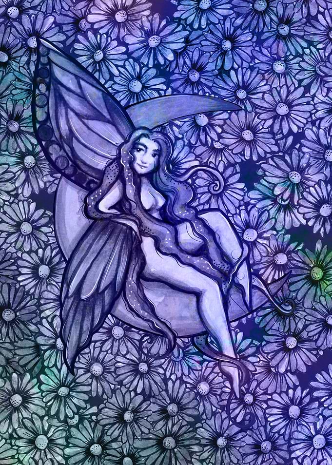 Fairy Sitting on a Crescent Moon Amidst Flowers