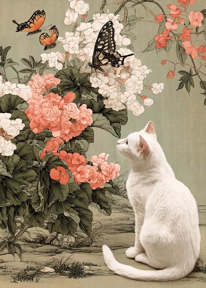 White Cat and Butterflies in Garden
