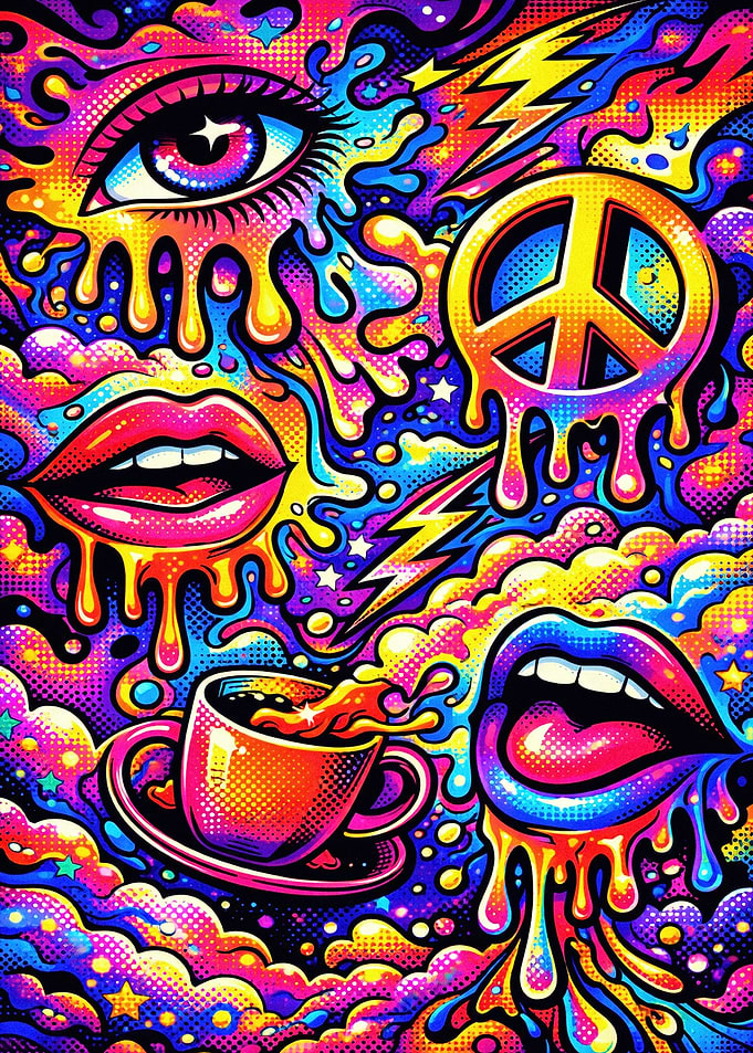 Psychedelic Drip Art with Eyes, Lips, and Peace Sign
