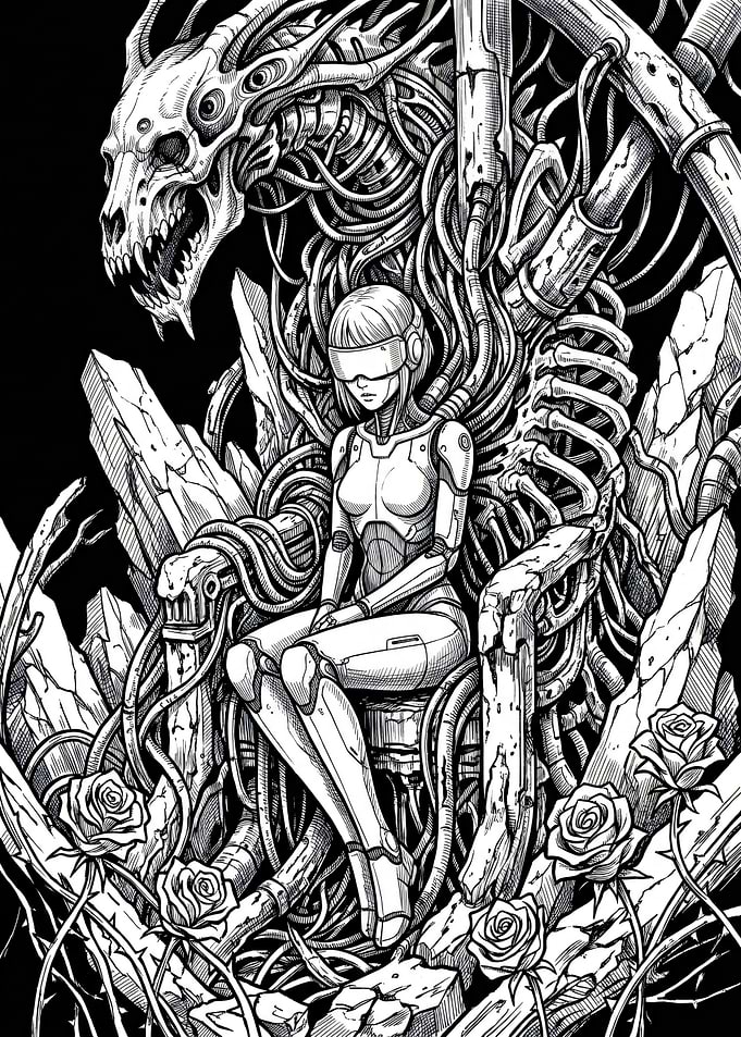 Cyborg on a throne with a skull