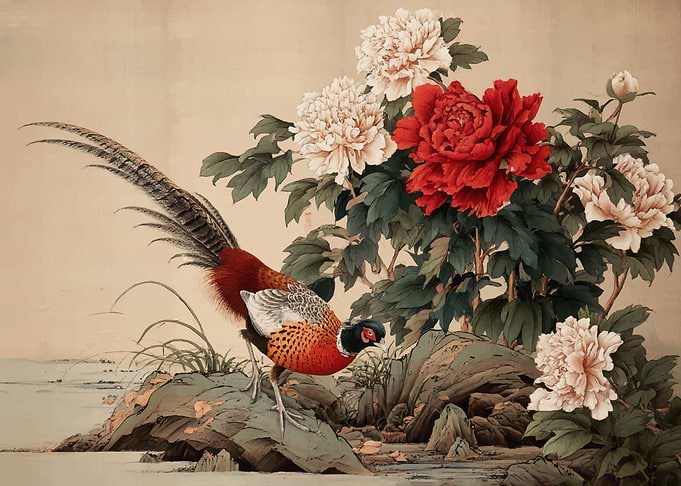 Pheasant and Peonies Painting