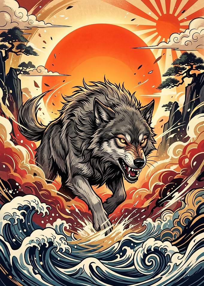 Fierce Wolf in Japanese Art Style
