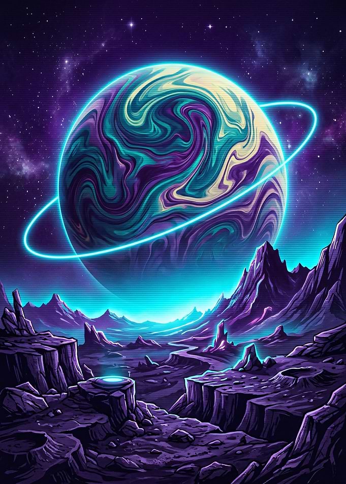 Alien Planet Landscape with Ringed Planet