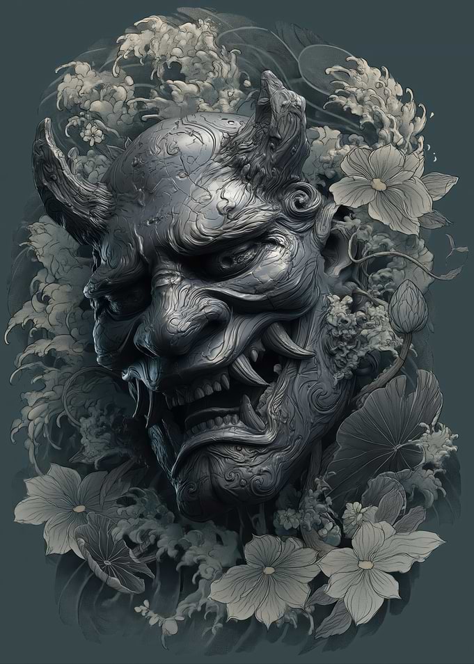 Japanese Oni Mask with Flowers