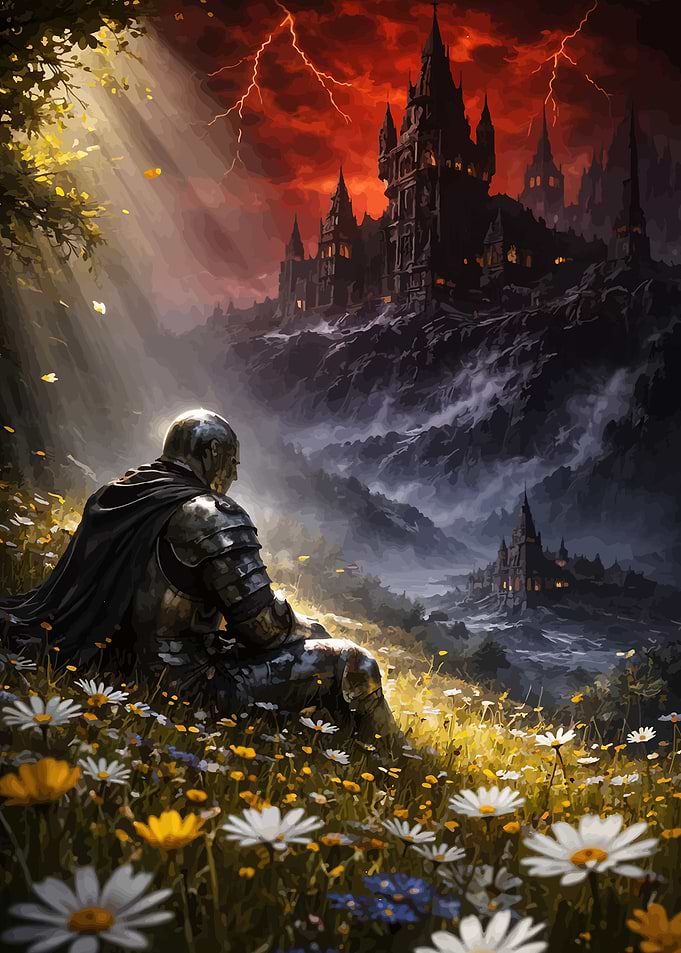 Knight Gazes at Castle Under Stormy Sky