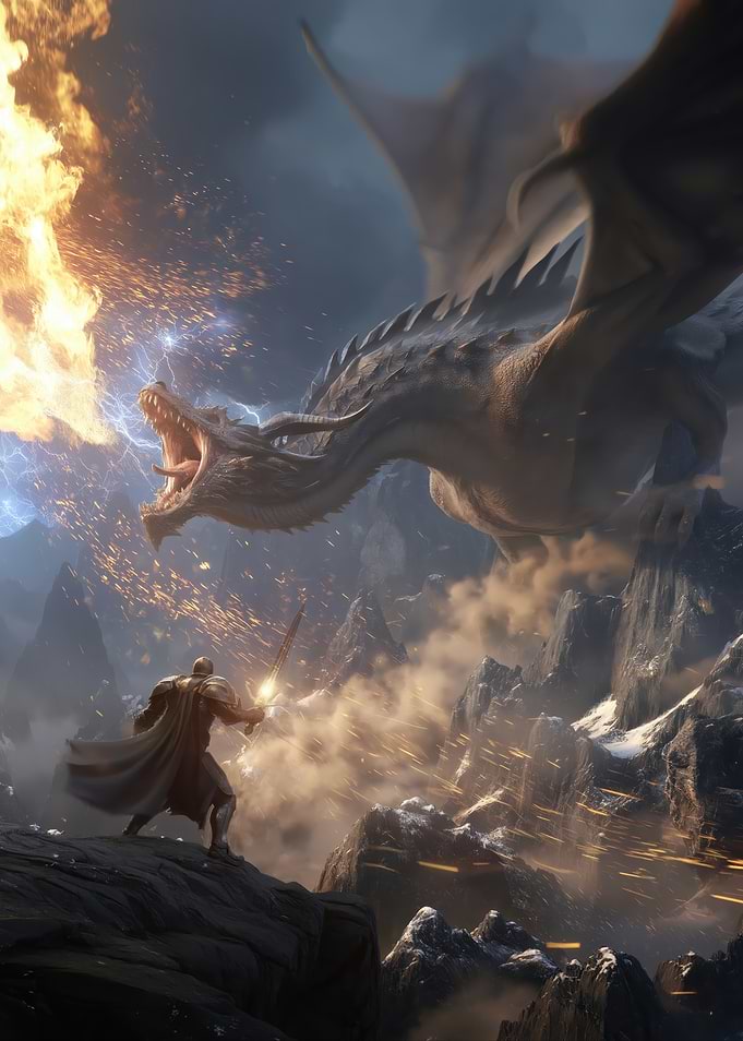 Knight Battles Dragon in Mountains