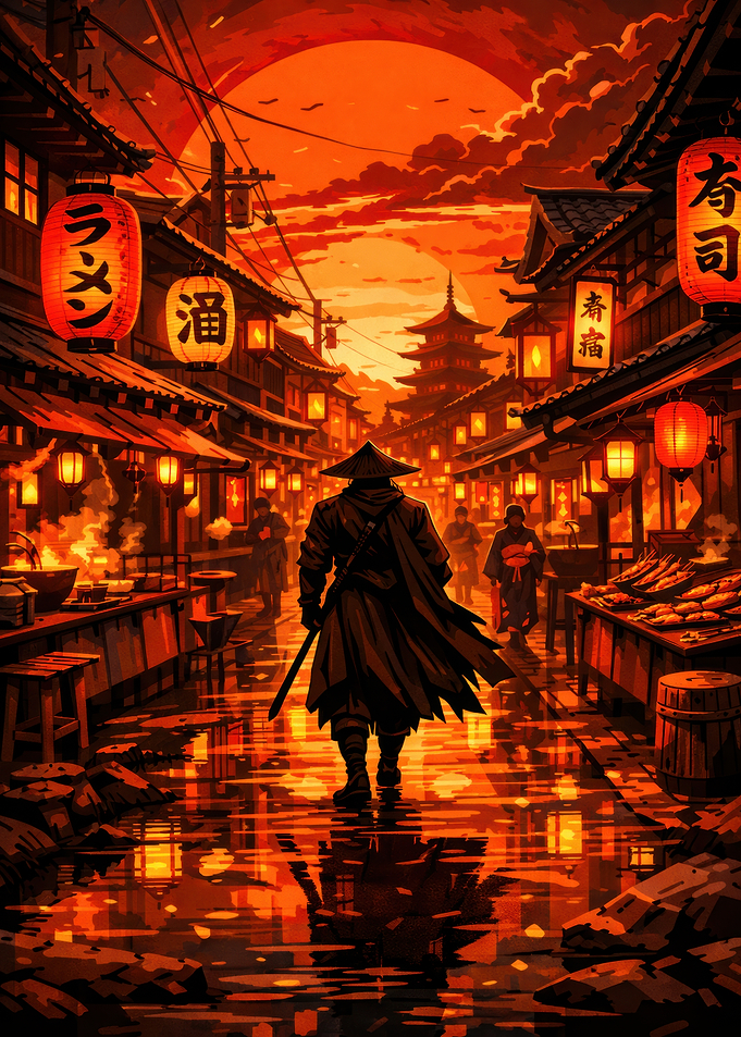 Samurai in a Japanese Market at Sunset