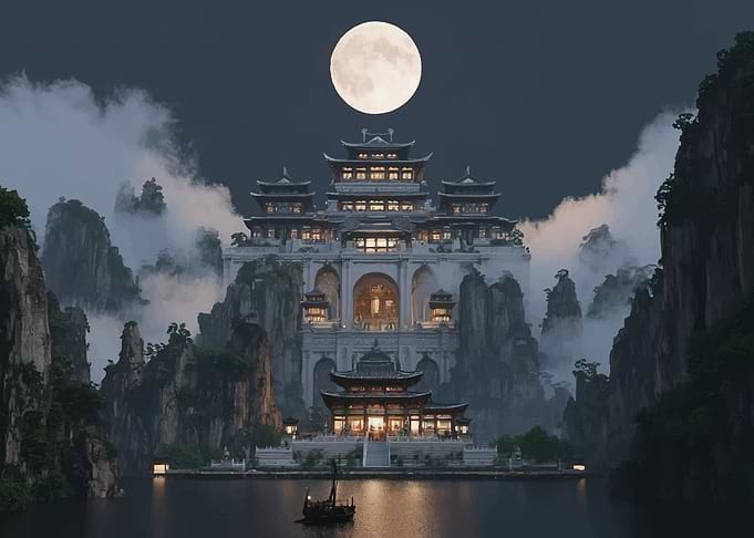 Mystical Asian Palace Under a Full Moon