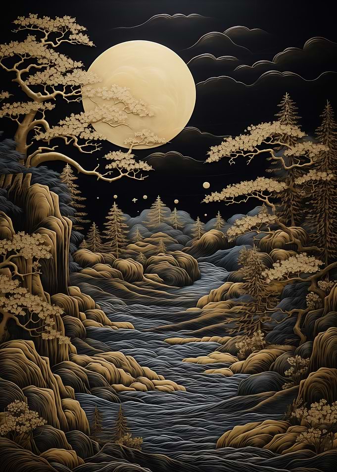 Golden Moonlit Japanese Landscape
