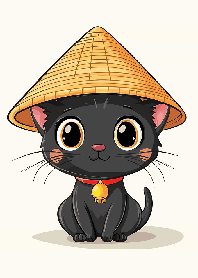 Cute Black Cat Wearing a Chinese Conical Hat