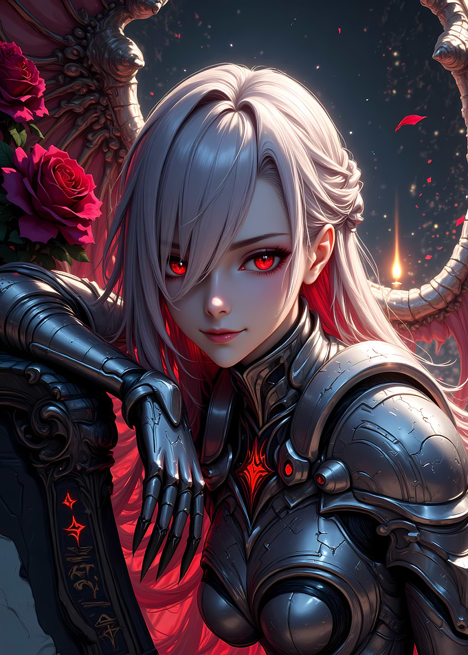 Anime Knight with Red Eyes and Roses