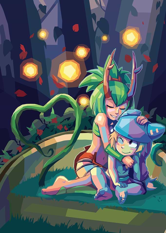 Two fantasy characters hugging in a forest