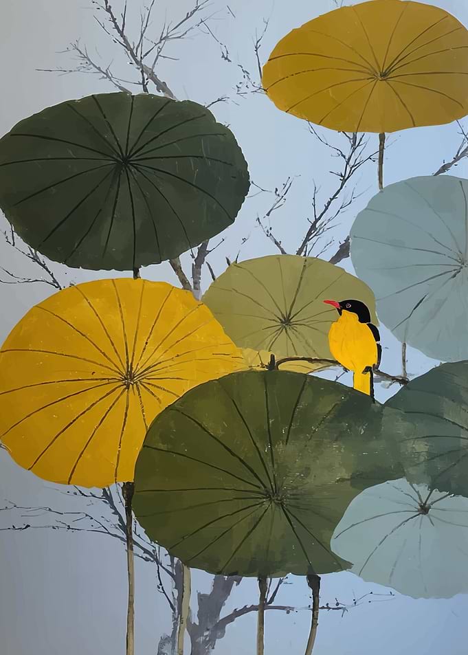 Yellow Bird on Lotus Leaves
